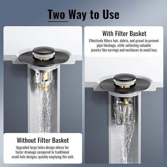 (2 Pc) Bathroom Sink Stopper-All Metal Sink Stopper-Universal Fit 99% Bathroom Stopper with Removable Stainless Steel Hair Catcher- Basin (1.1'' to 2.36'' inch) - Black