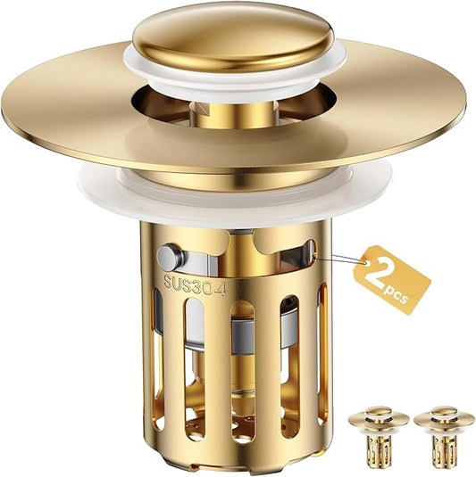 (2 Pc) Bathroom Sink Stopper-All Metal Sink Stopper-Universal Fit 99% Bathroom Stopper with Removable Stainless Steel Hair Catcher- Basin (1.1'' to 2.36'' inch) - Golden