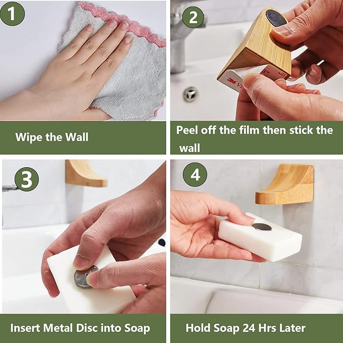 (2Sets)Bamboo Magnetic Bar Soap Holder For Shower Wall,Magnet Soap Saver For Bar Soaps Self Draining,Shower Storage for Soaps & Beard Shampoo Bars -No More Soggy Soaps,Soap Dish Dispenser Bath Kitchen