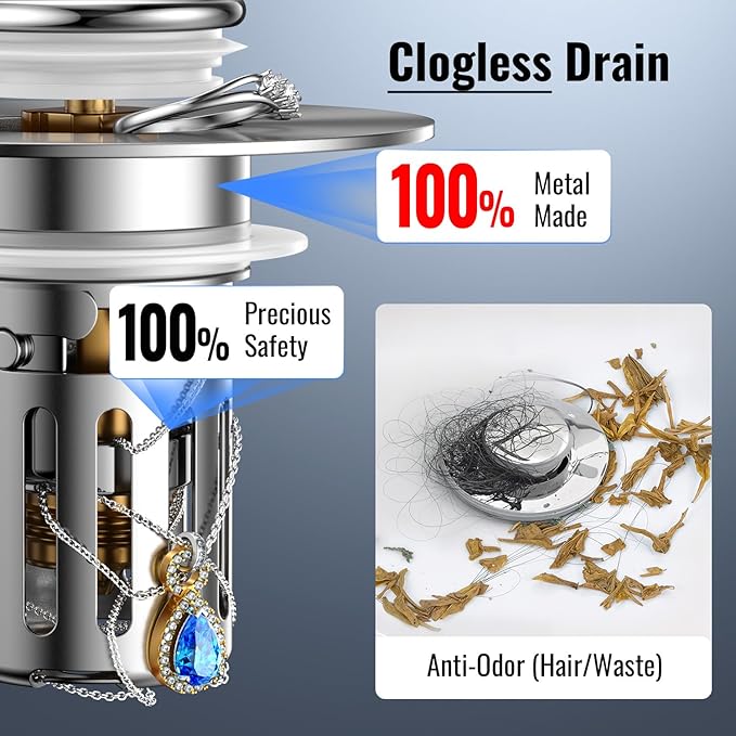 (2 Pc) Bathroom Sink Stopper-All Metal Sink Stopper-Universal Fit 99% Bathroom Sink Stopper with Removable Stainless Steel Hair Catcher-Bathroom Sink Drain Strainer for (1.1'' to 2.36'' inch) Drain