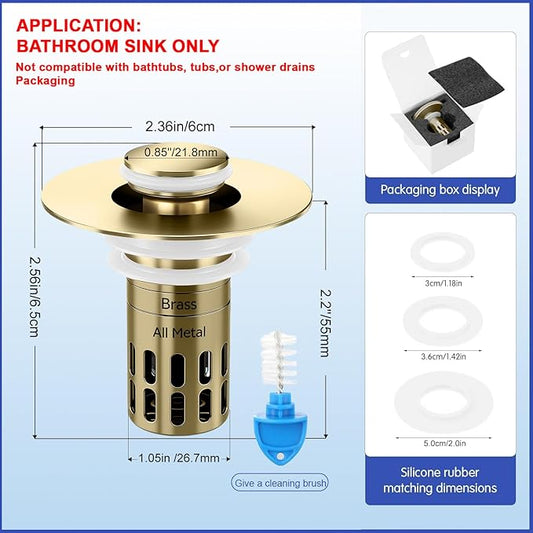 (All Metal) Bathroom Sink Stopper,Pop Up Drain for Bathroom Sink,Sink Stopper Hair Catcher,Silent Popper Core w/Removable Stainless Steel Filter Basket,Sink Drain Plug Fit for 1.05~2.0''Basin