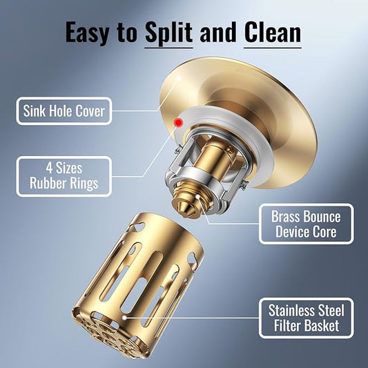 (2 Pc) Bathroom Sink Stopper-All Metal Sink Stopper-Universal Fit 99% Bathroom Stopper with Removable Stainless Steel Hair Catcher- Basin (1.1'' to 2.36'' inch) - Golden