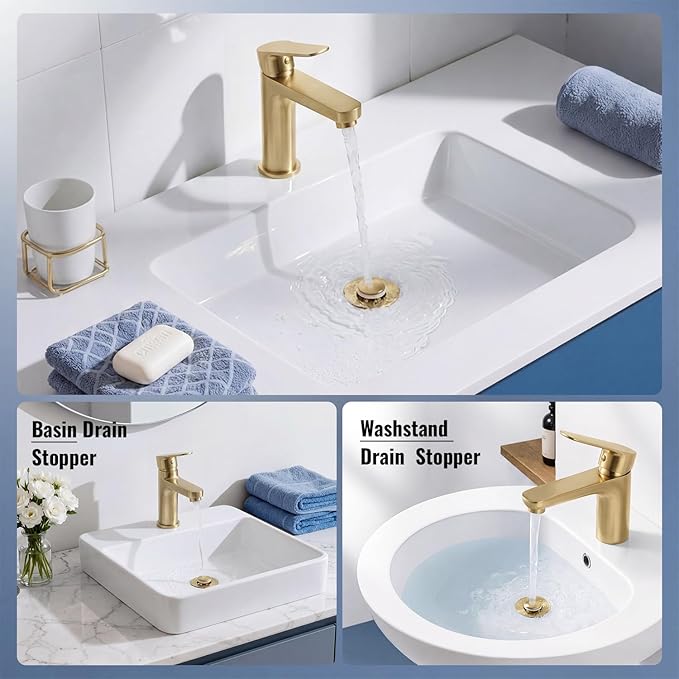 (2 Pc) Bathroom Sink Stopper-All Metal Sink Stopper-Universal Fit 99% Bathroom Stopper with Removable Stainless Steel Hair Catcher- Basin (1.1'' to 2.36'' inch) - Golden