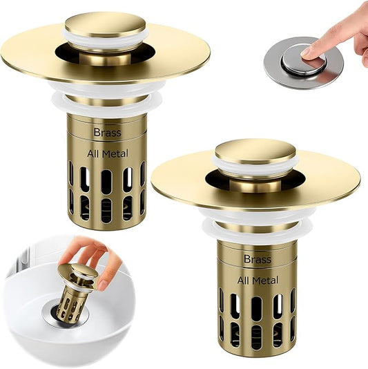 (All Metal) Bathroom Sink Stopper,Pop Up Drain for Bathroom Sink,Sink Stopper Hair Catcher,Silent Popper Core w/Removable Stainless Steel Filter Basket,Sink Drain Plug Fit for 1.05~2.0''Basin