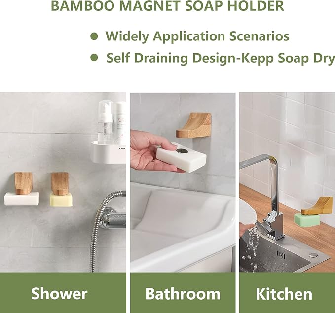 (2Sets)Bamboo Magnetic Bar Soap Holder For Shower Wall,Magnet Soap Saver For Bar Soaps Self Draining,Shower Storage for Soaps & Beard Shampoo Bars -No More Soggy Soaps,Soap Dish Dispenser Bath Kitchen